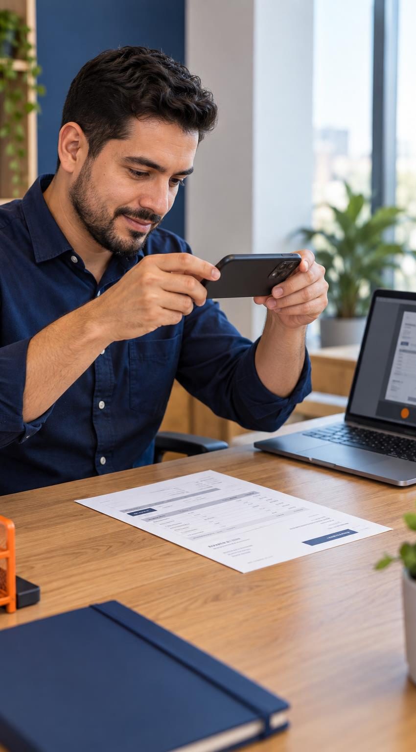 Hombre fotografiando con su celular una factura de proveedor sobre el escritorio