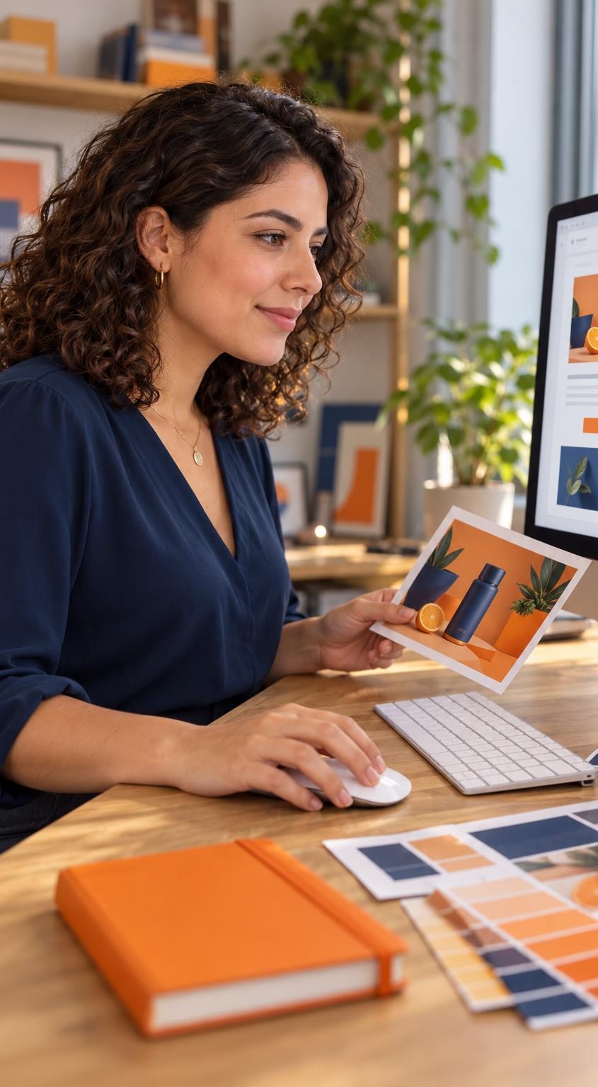 Diseñadora de marketing con una fotografía de producto en la mano frente al computador y muestras de color