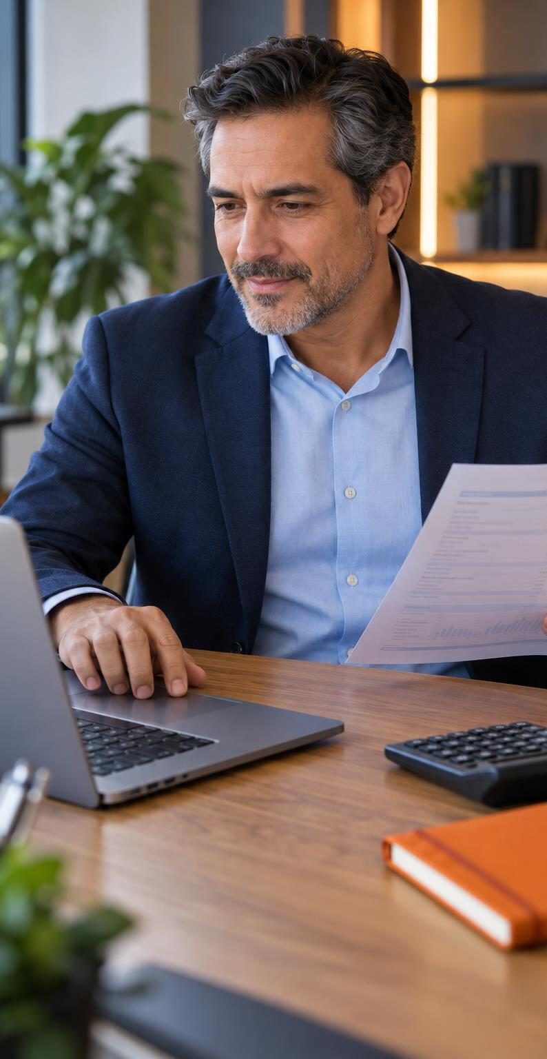 Gerente revisando un informe financiero impreso frente a su portátil