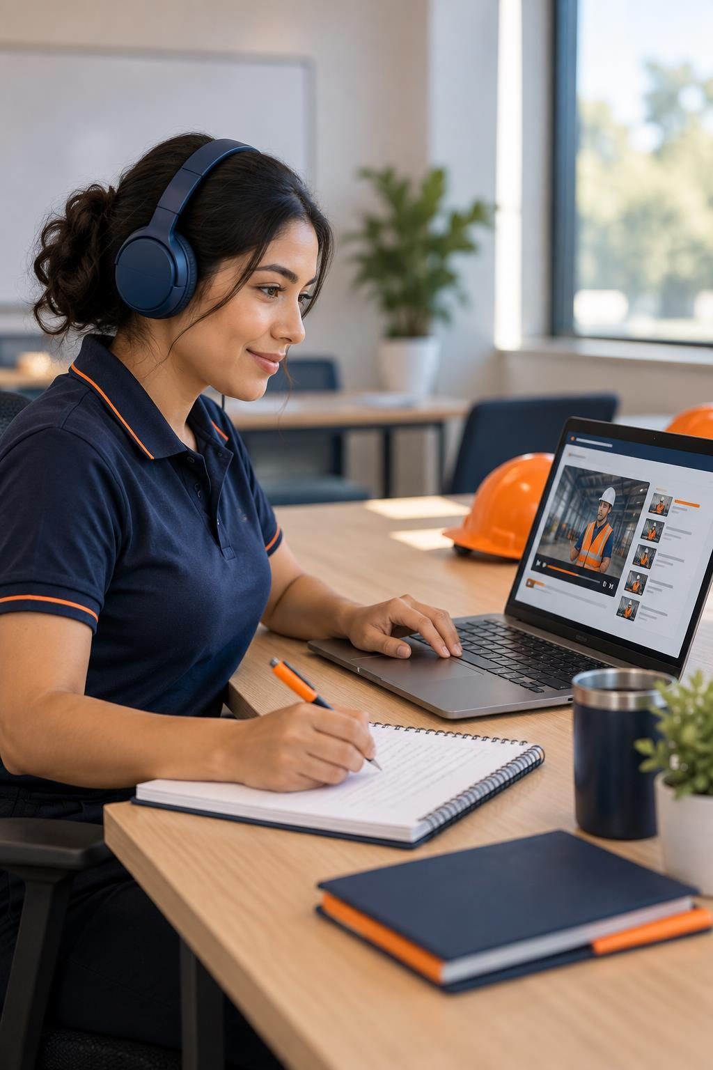 Trabajadora con audífonos tomando notas mientras sigue un curso en video en su portátil, con un casco naranja al lado