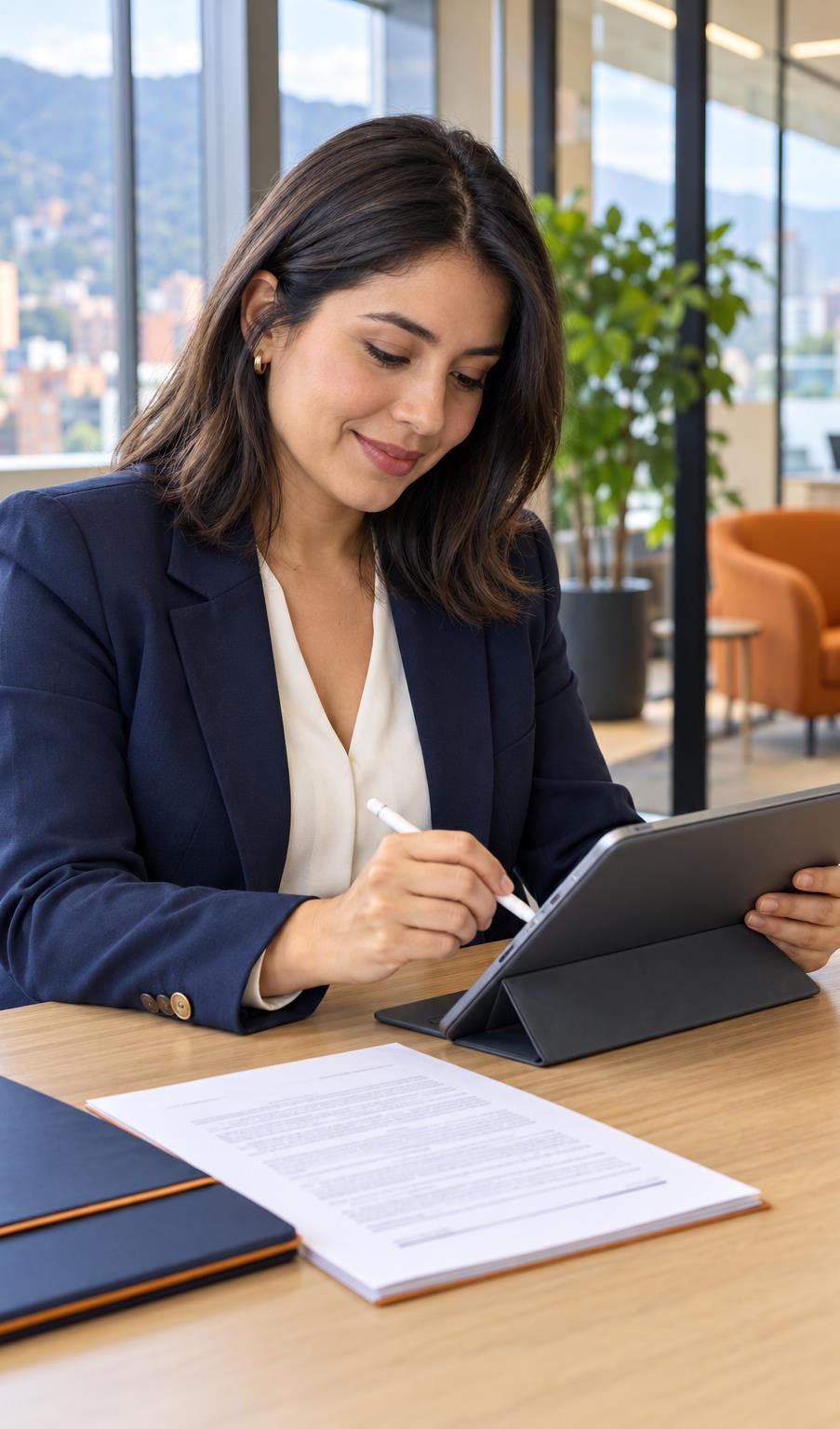Mujer firmando en una tablet con lápiz junto a un contrato impreso sobre la mesa