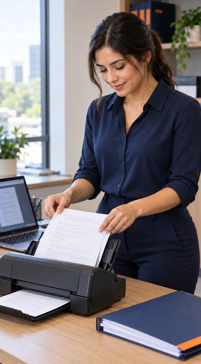 Mujer cargando un documento en el escáner de una oficina